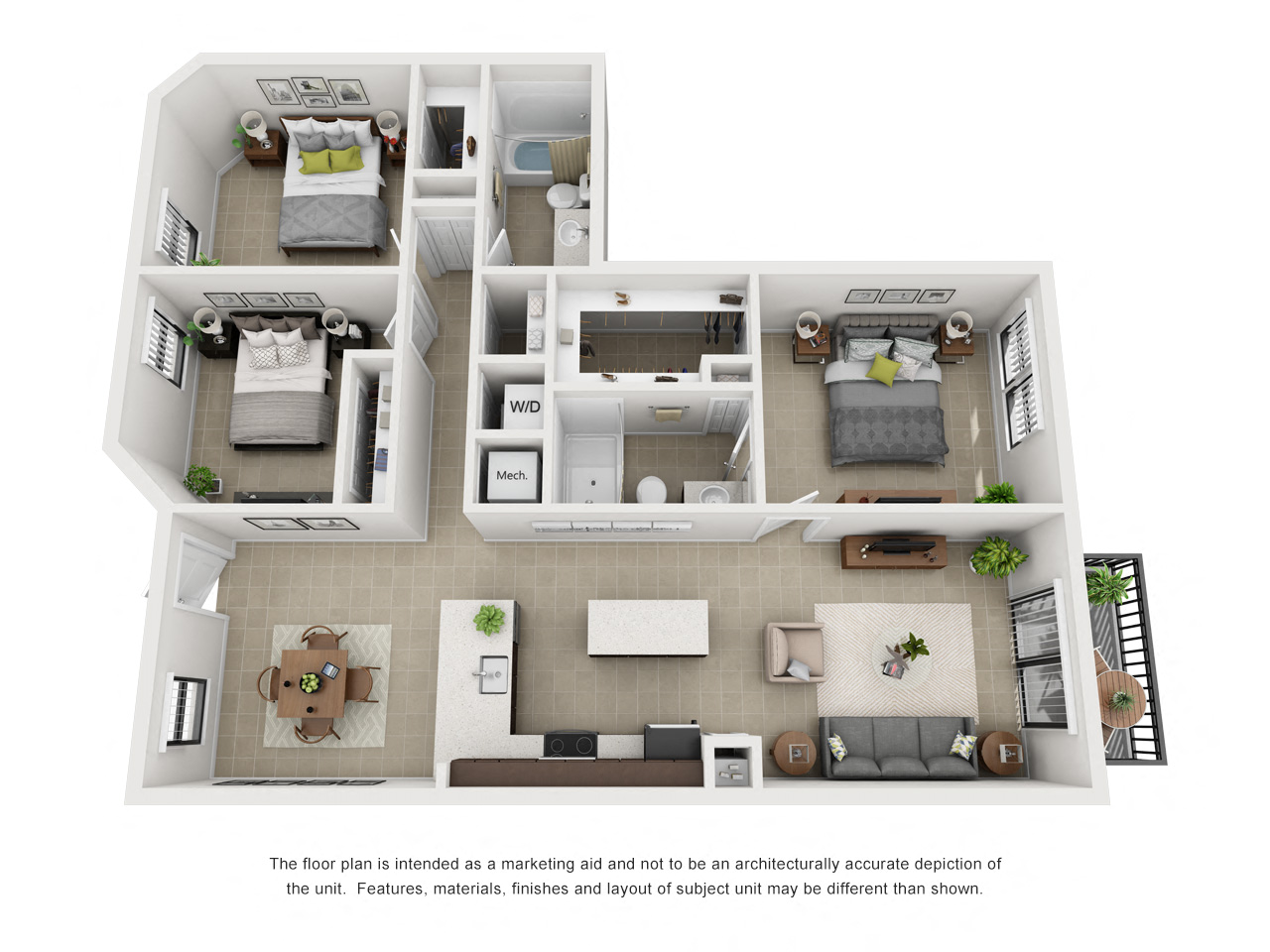 Floor plan for 3 beds, 2 baths, 1266 sqft